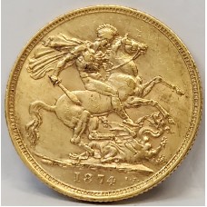AUSTRALIA 1874 . ONE 1 SOVEREIGN . SYDNEY . GOLD